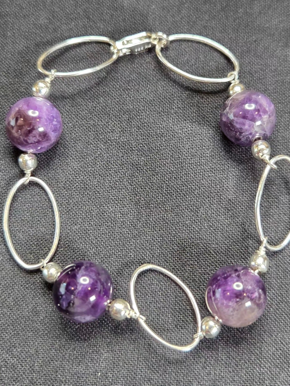Vtg Sterling Silver Amethyst Link Bracelet 925 FAS THAI 8" NWOT Gift.